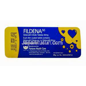 バイアグラジェネリック, シルデナフィル, 50mg 100錠, シート裏面 情報